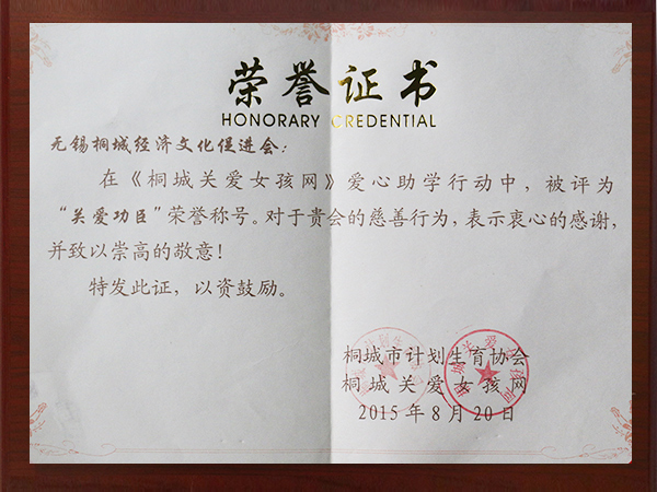 2015年關（guān）愛工（gōng）程榮譽證書